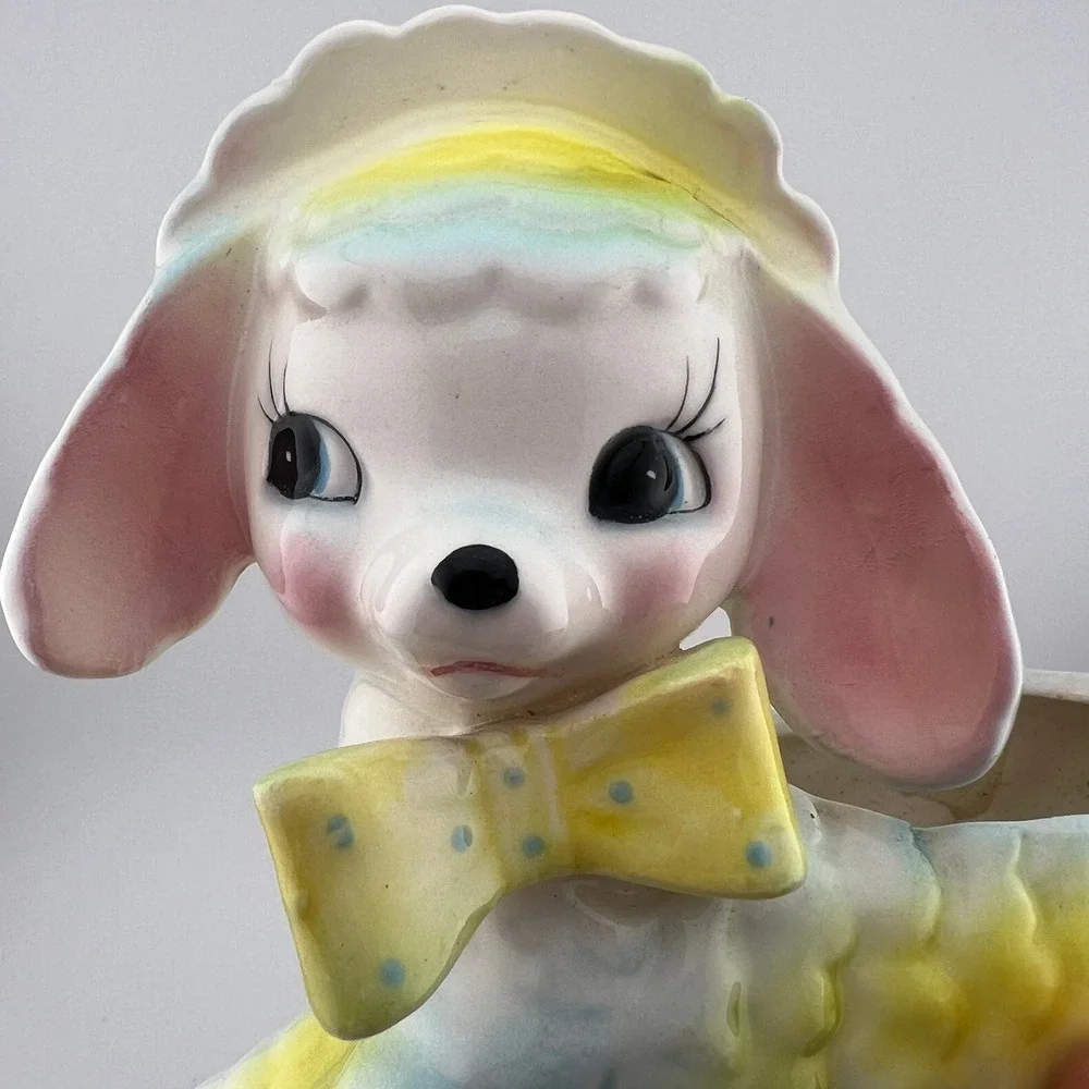 Vintage Napco Japan Lamb Planter Blue Yellow Bow Nursery Decor 6 Inch